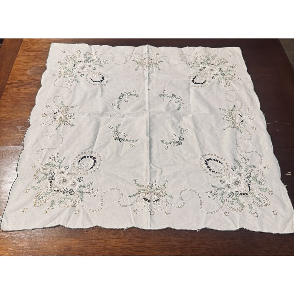 Vintage Embroidered Christmas tablecloth 32" Square Cream Green Bells Germany